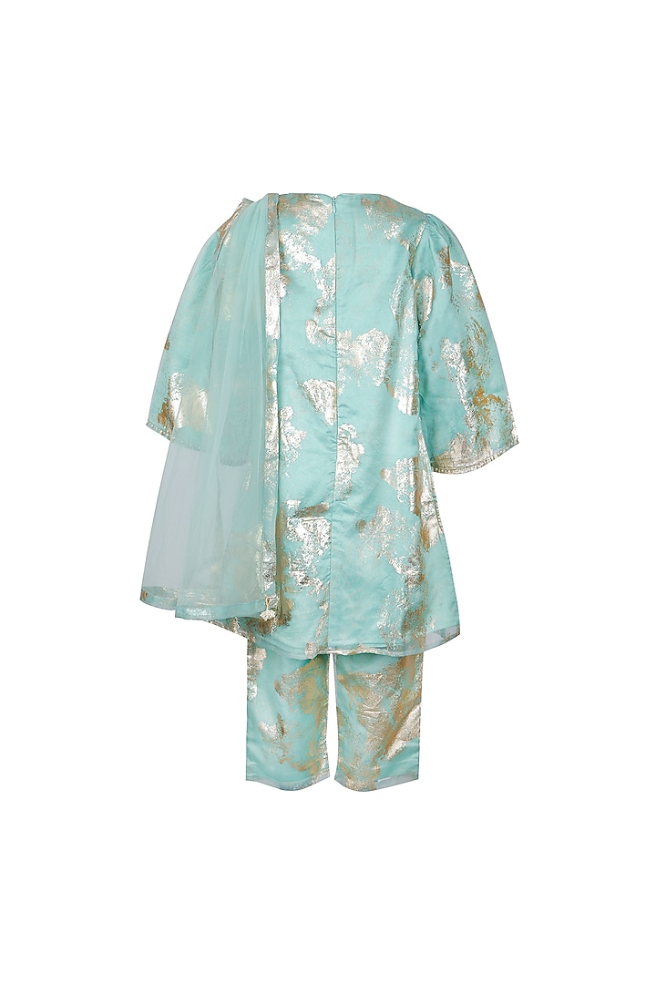 Mint Green Organza Foil Printed Kurta Set For Girls by Les Petits at Pernia's Pop Up Shop