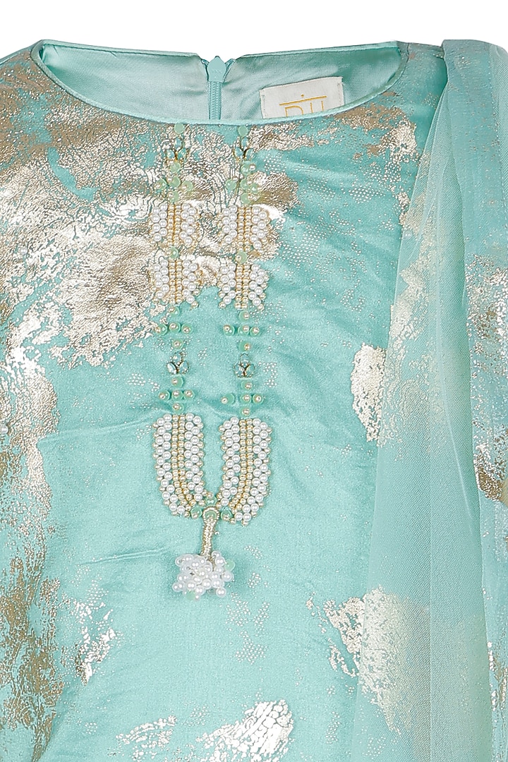 Mint Green Organza Foil Printed Kurta Set For Girls by Les Petits at Pernia's Pop Up Shop