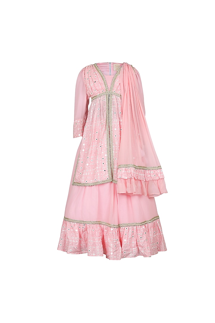 Pink Georgette Mirror Work Lehenga Set For Girls by Les Petits at Pernia's Pop Up Shop