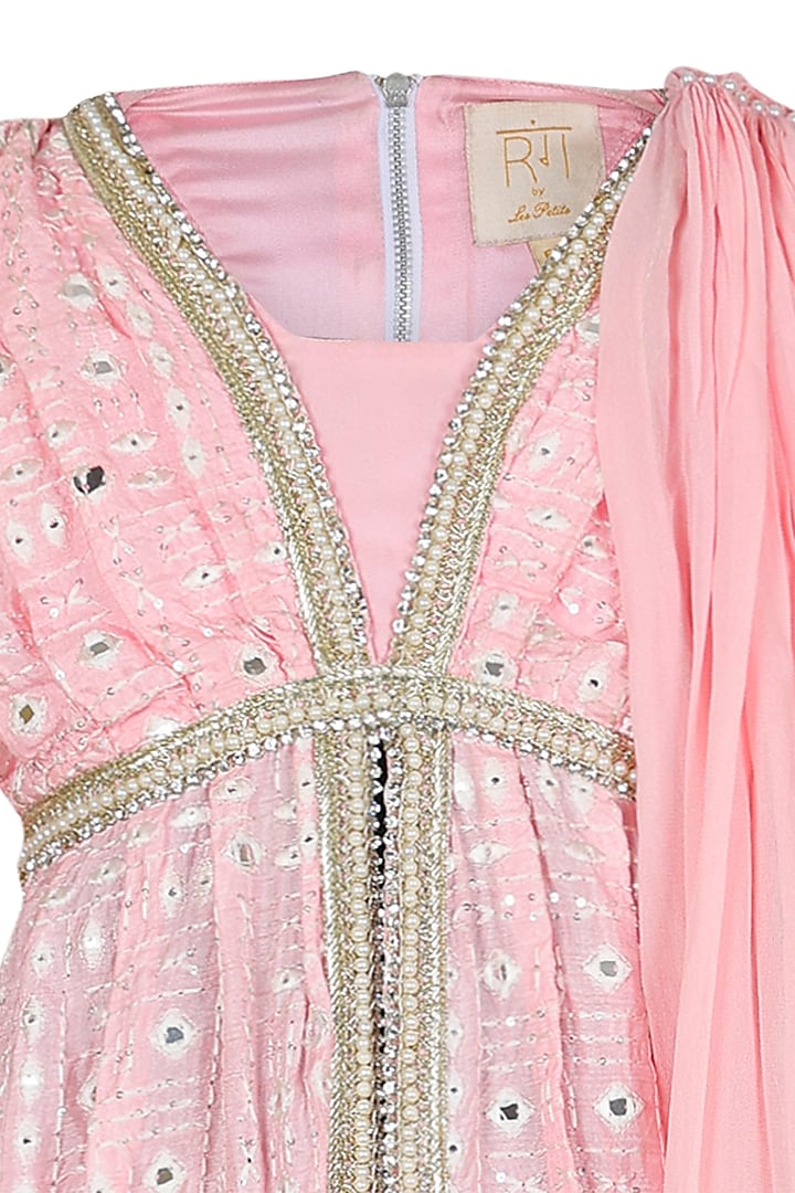 Pink Georgette Mirror Work Lehenga Set For Girls by Les Petits at Pernia's Pop Up Shop