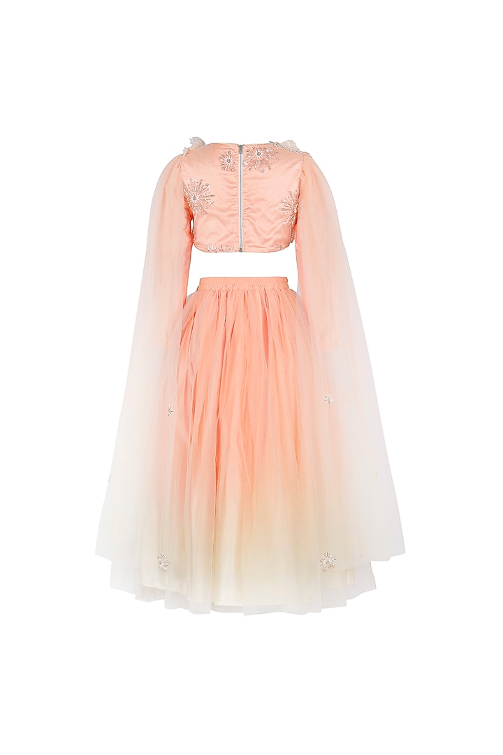 Peach Net Embroidered Lehenga Set For Girls by Les Petits at Pernia's Pop Up Shop