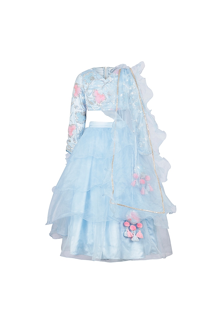 Light Blue Organza Layered Lehenga Set For Girls by Les Petits at Pernia's Pop Up Shop