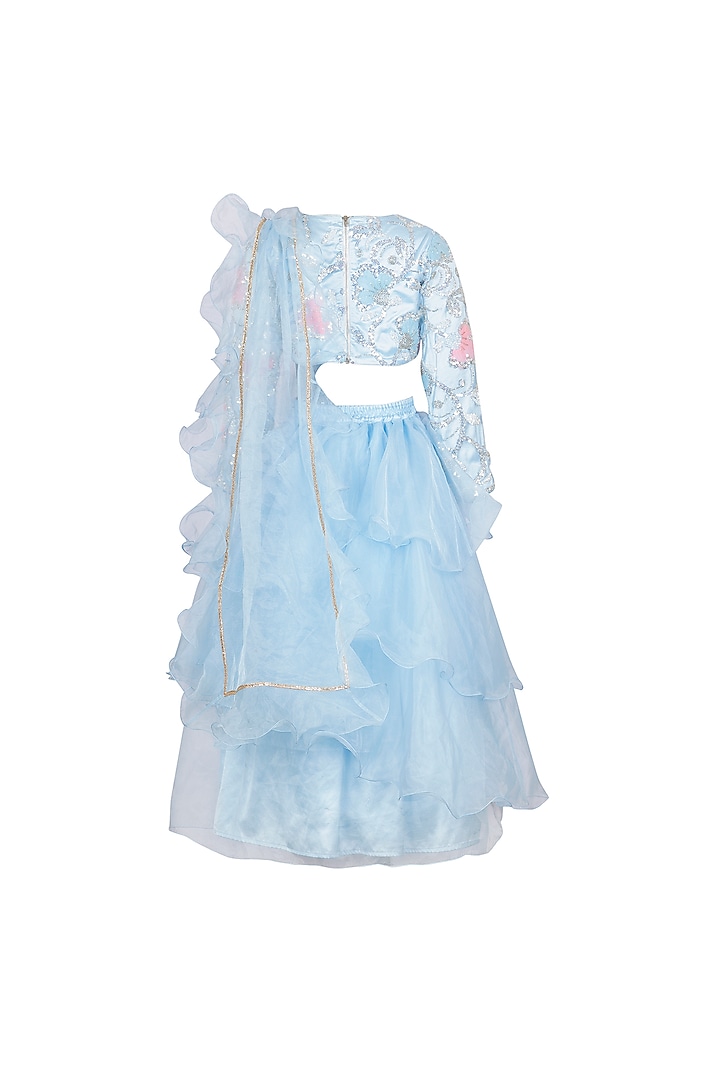 Light Blue Organza Layered Lehenga Set For Girls by Les Petits at Pernia's Pop Up Shop