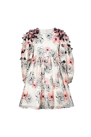 Beige Net Floral Printed Dress For Girls by Les Petits