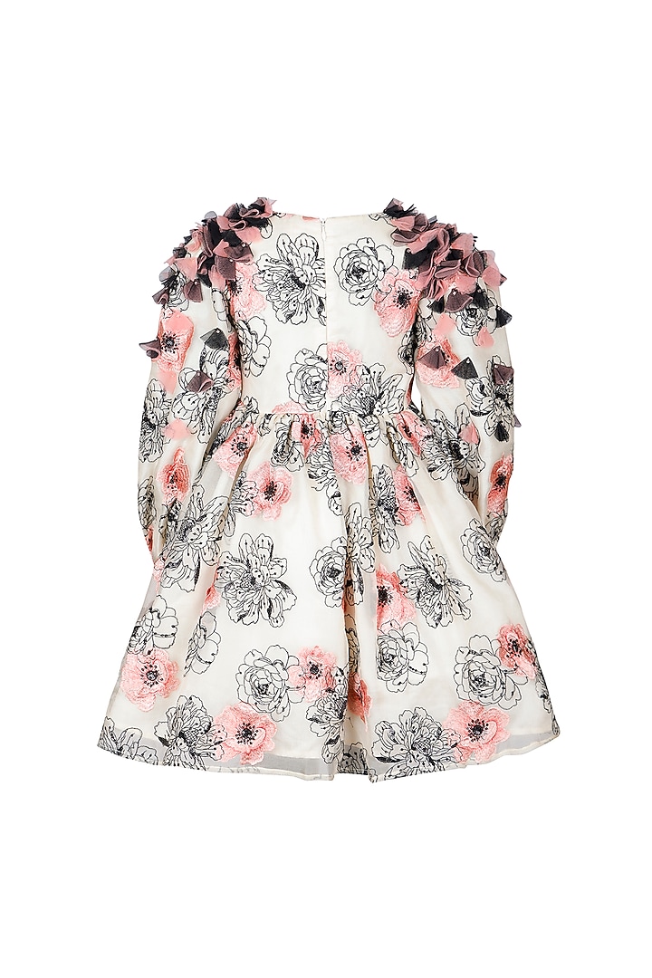 Beige Net Floral Printed Dress For Girls by Les Petits at Pernia's Pop Up Shop