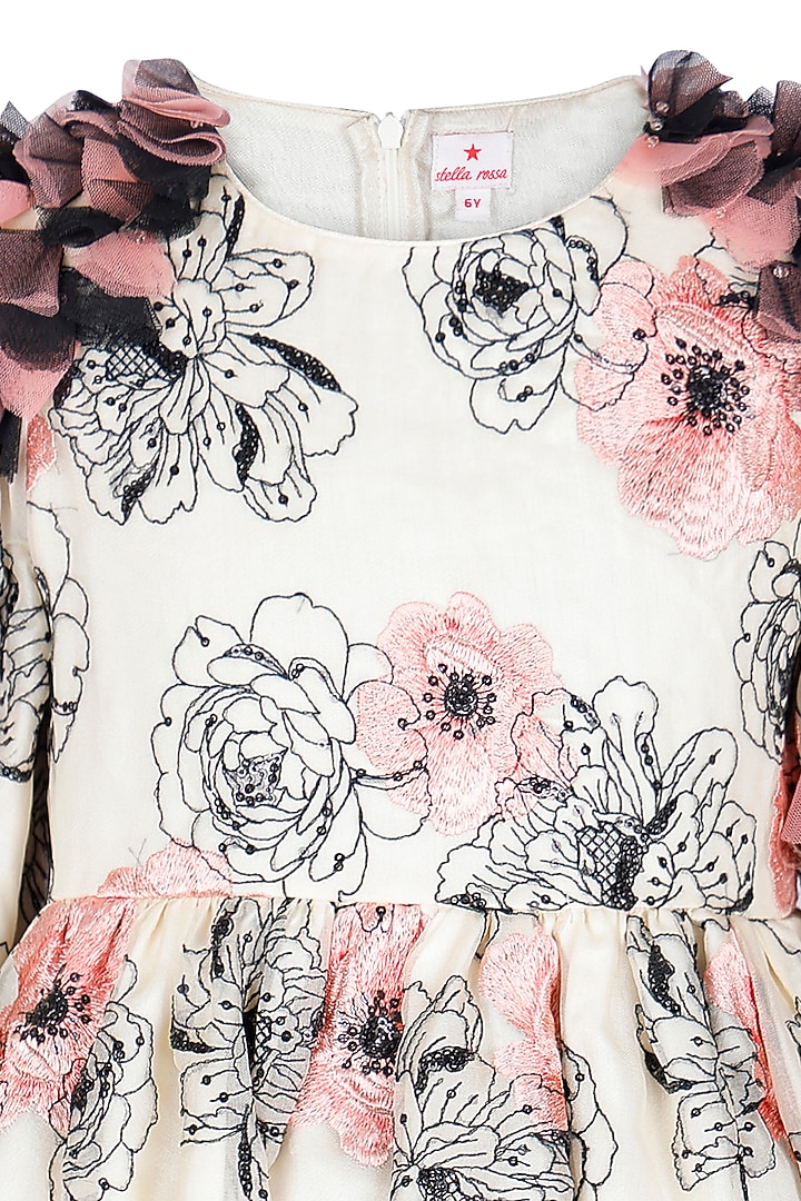 Beige Net Floral Printed Dress For Girls by Les Petits at Pernia's Pop Up Shop