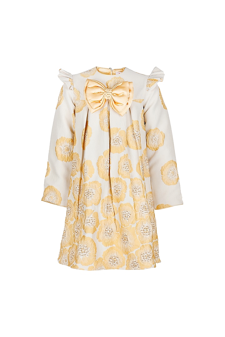 Beige Jacquard Embroidered Dress For Girls by Les Petits at Pernia's Pop Up Shop