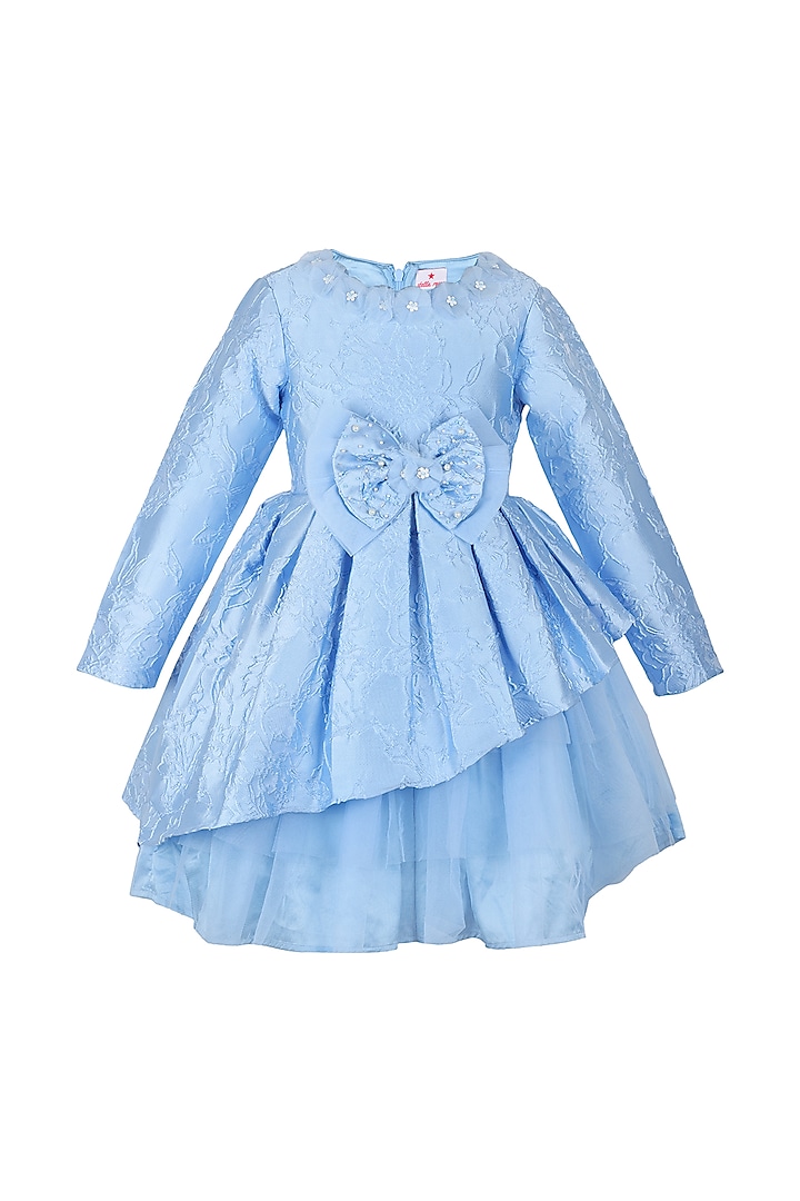 Blue Jacquard Embroidered Dress For Girls by Les Petits at Pernia's Pop Up Shop