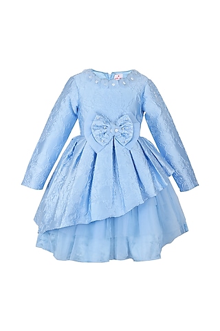 Blue Jacquard Embroidered Dress For Girls by Les Petits