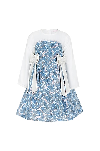 Blue Denim Embroidered Dress For Girls by Les Petits