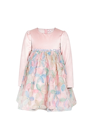 Pink Satin Embroidered Dress For Girls by Les Petits