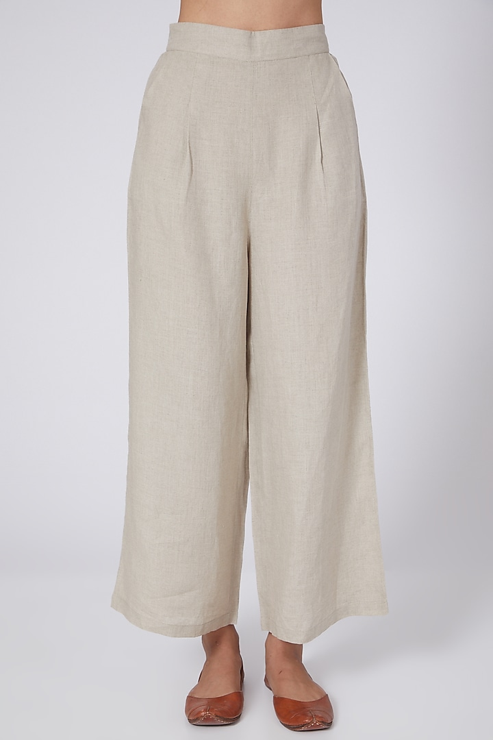 Beige Flared Pants by Linen Bloom