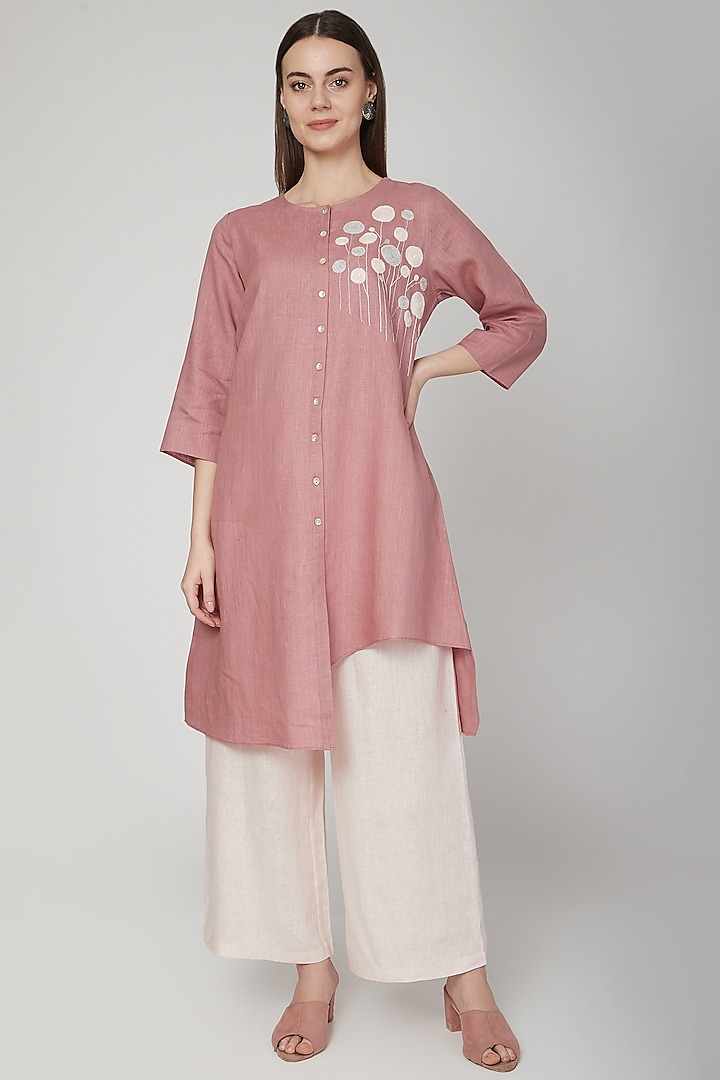 Rose Pink Embroidered Asymmetric Tunic by Linen Bloom