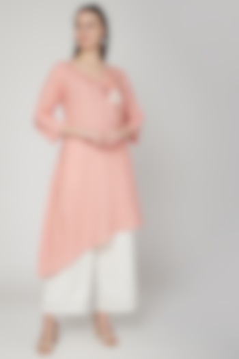 Salmon Pink Floral Embroidered Tunic by Linen Bloom