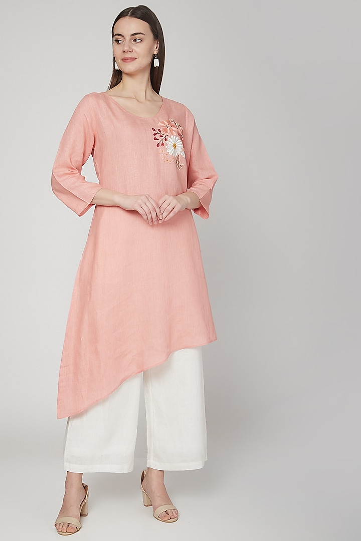 Salmon Pink Floral Embroidered Tunic by Linen Bloom