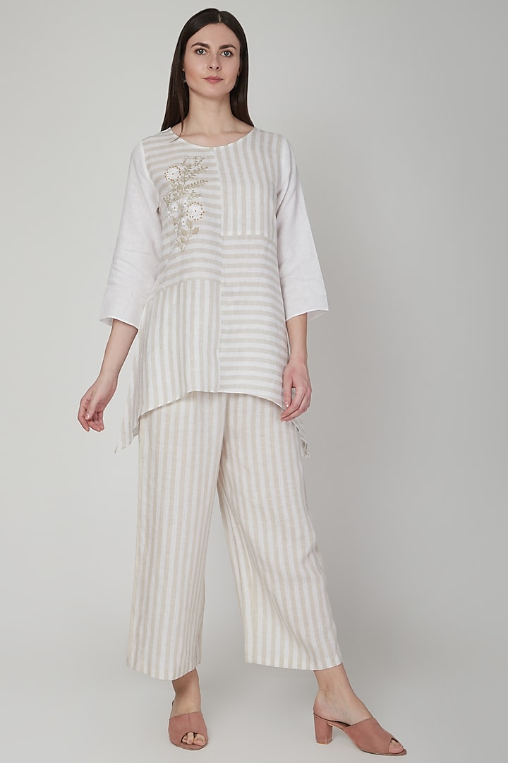 Beige Embroidered & Striped Blouse by Linen Bloom