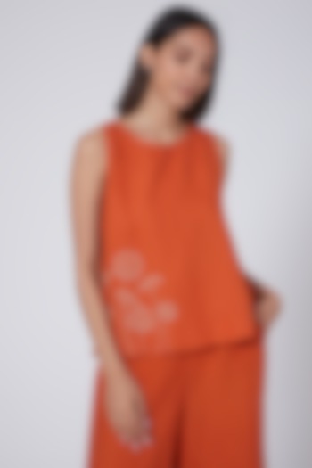 Orange Floral Embroidered Top by Linen Bloom