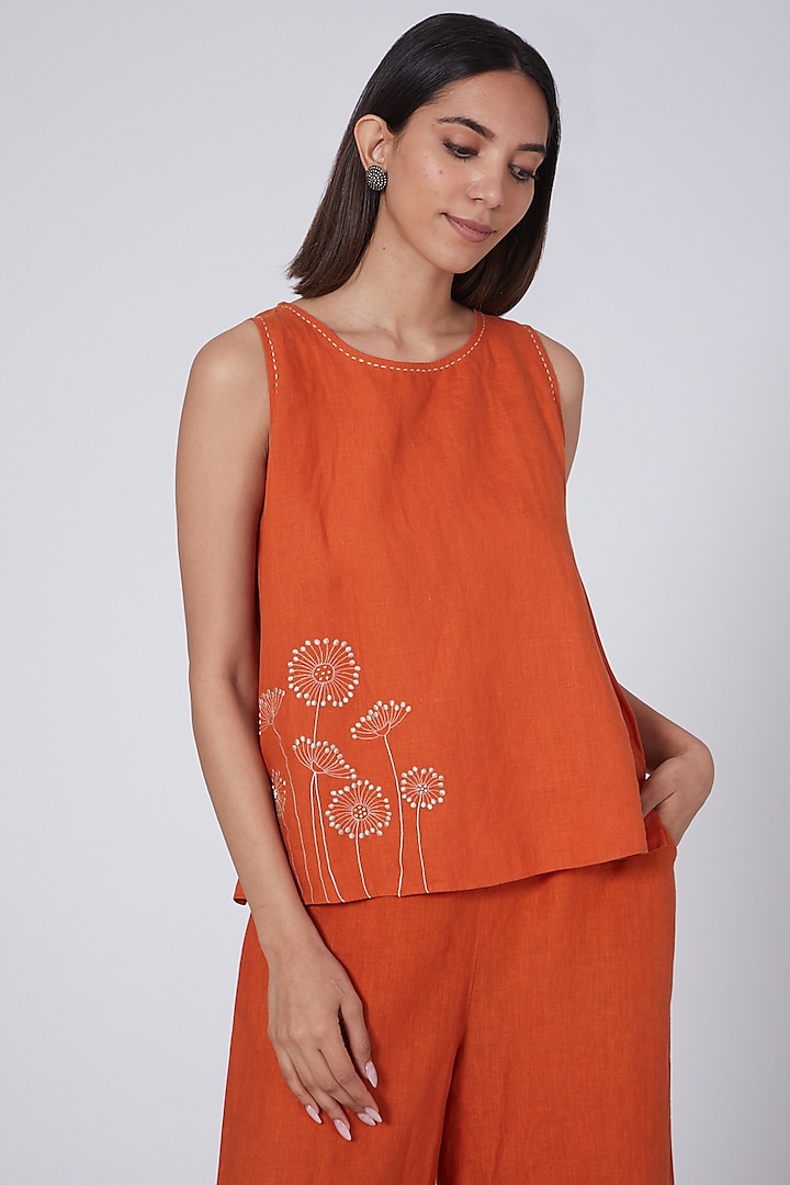 Orange Floral Embroidered Top by Linen Bloom