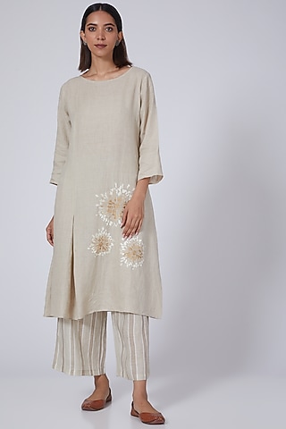 Brown Khaki Flared Pants by Linen Bloom