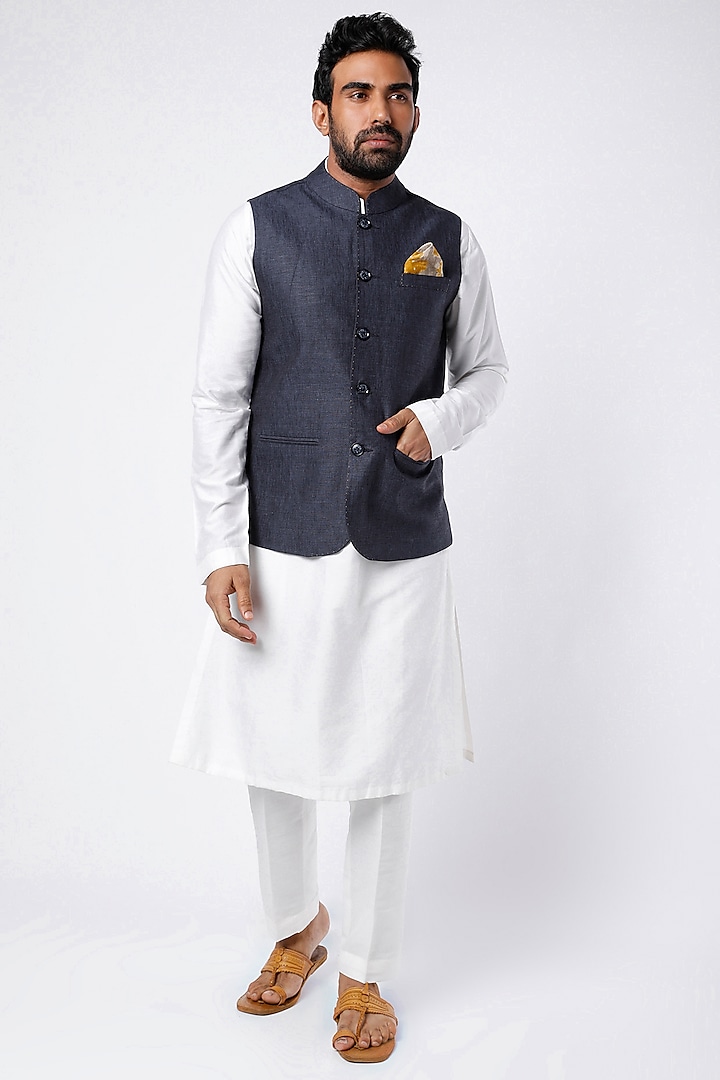 Navy Blue Hand Stitch Embroidered Waistcoat by Linen Bloom Men