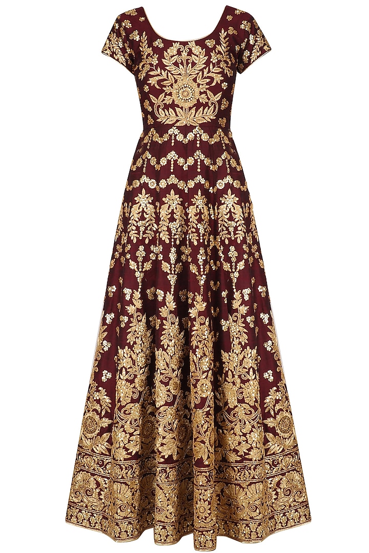 Maroon and Gold Floral Embroidered Anarkali Set by Kylee