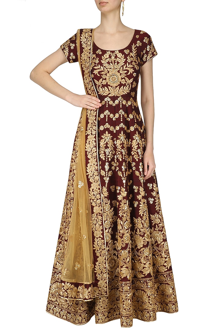 Maroon and gold floral embroidered anarkali set available only at Pernia's Pop Up Shop.