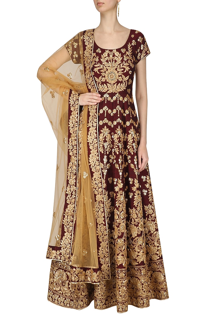 Maroon and gold floral embroidered anarkali set available only at Pernia's Pop Up Shop.