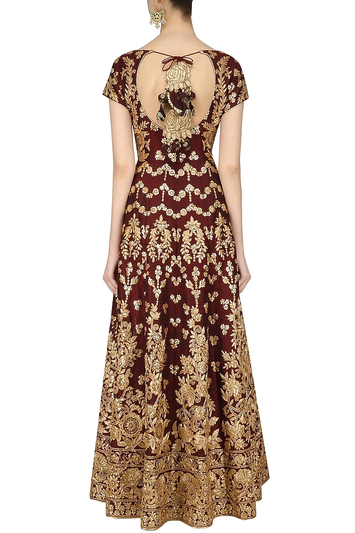 Maroon and gold floral embroidered anarkali set available only at Pernia's Pop Up Shop.