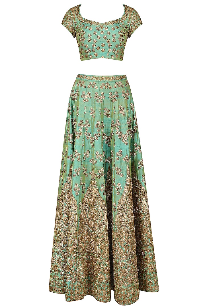 Mint Green and Gold Floral Embroidered Lehenga Set by Kylee