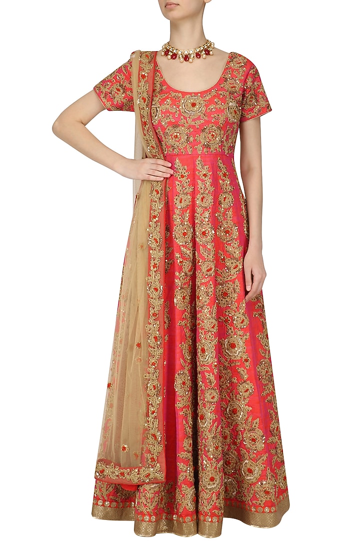 Orange and gold jaal embroidered anarkali set available only at Pernia's Pop Up Shop.