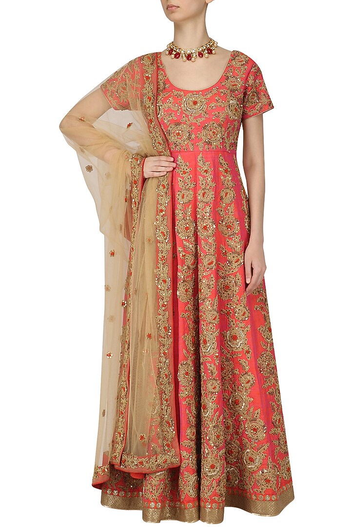 Orange and gold jaal embroidered anarkali set available only at Pernia's Pop Up Shop.