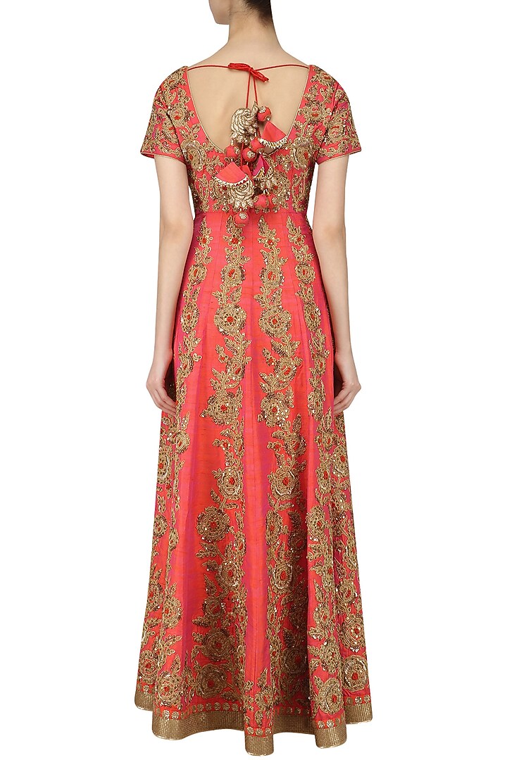 Orange and gold jaal embroidered anarkali set available only at Pernia's Pop Up Shop.