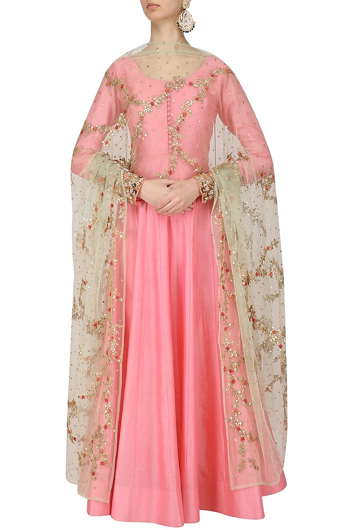 Pink anarkali set with floral embroidered dupatta available only at Pernia's Pop Up Shop.