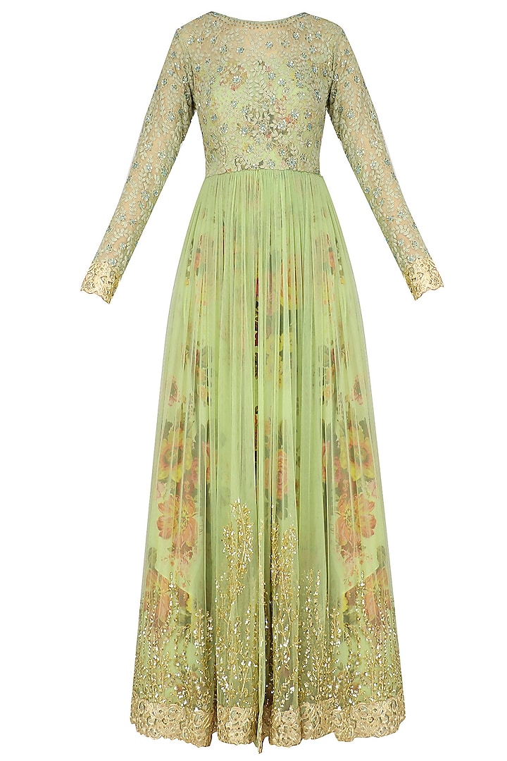 Dusty Green Floral Embroidered Anarkali Gown by Kylee