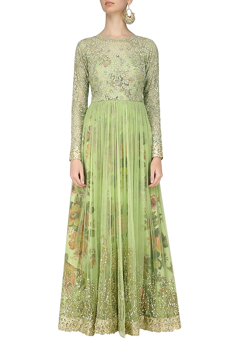 Dusty green floral embroidered anarkali gown available only at Pernia's Pop Up Shop.