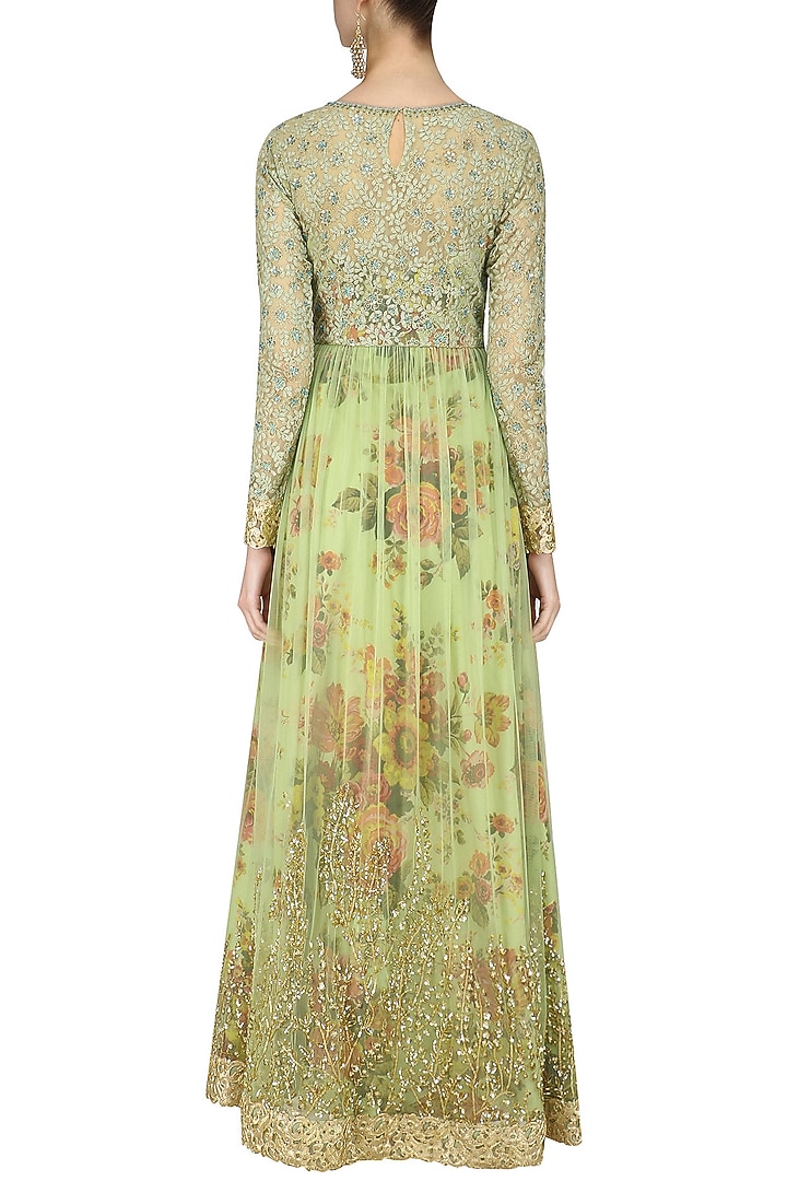 Dusty green floral embroidered anarkali gown available only at Pernia's Pop Up Shop.