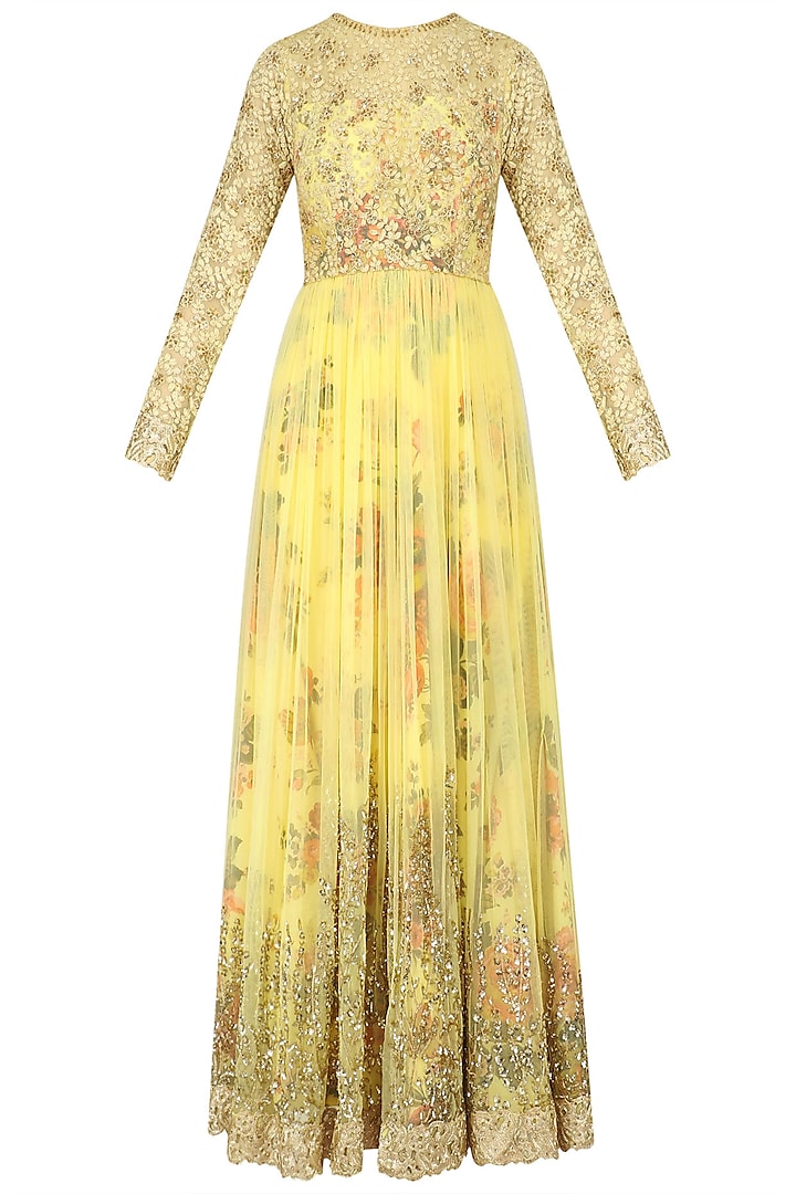 Lemon Yellow Floral Embroidered Anarkali Gown by Kylee