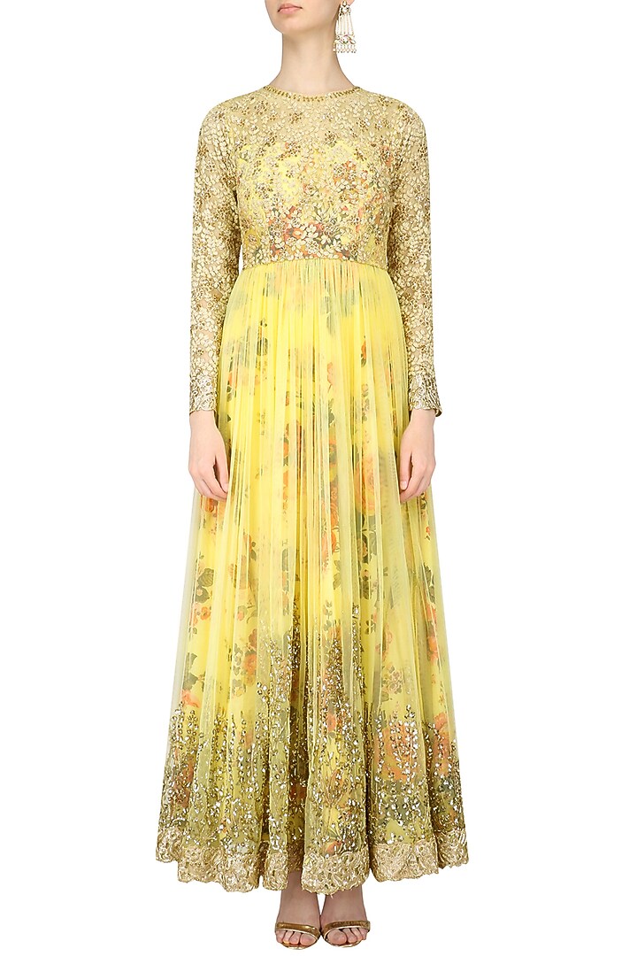 Lemon yellow floral embroidered anarkali gown available only at Pernia's Pop Up Shop.