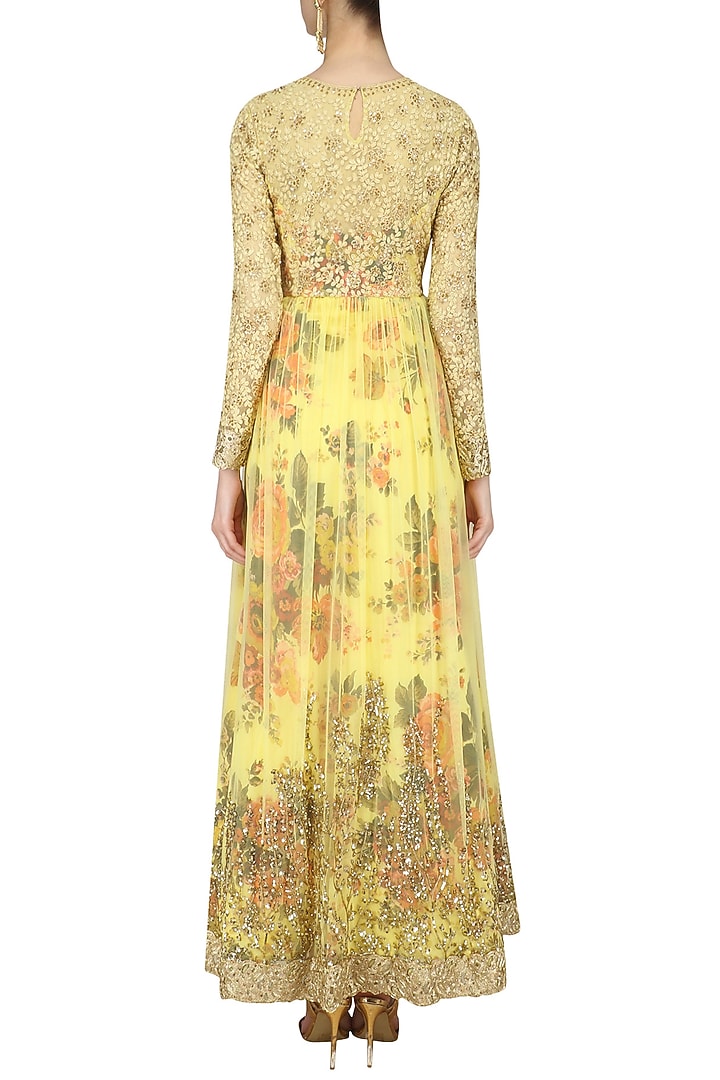 Lemon yellow floral embroidered anarkali gown available only at Pernia's Pop Up Shop.