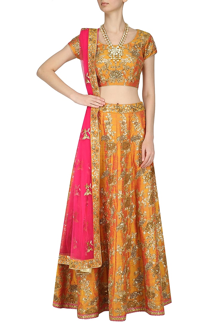 Orange and gold embroidered kalidaar legenga set available only at Pernia's Pop Up Shop.