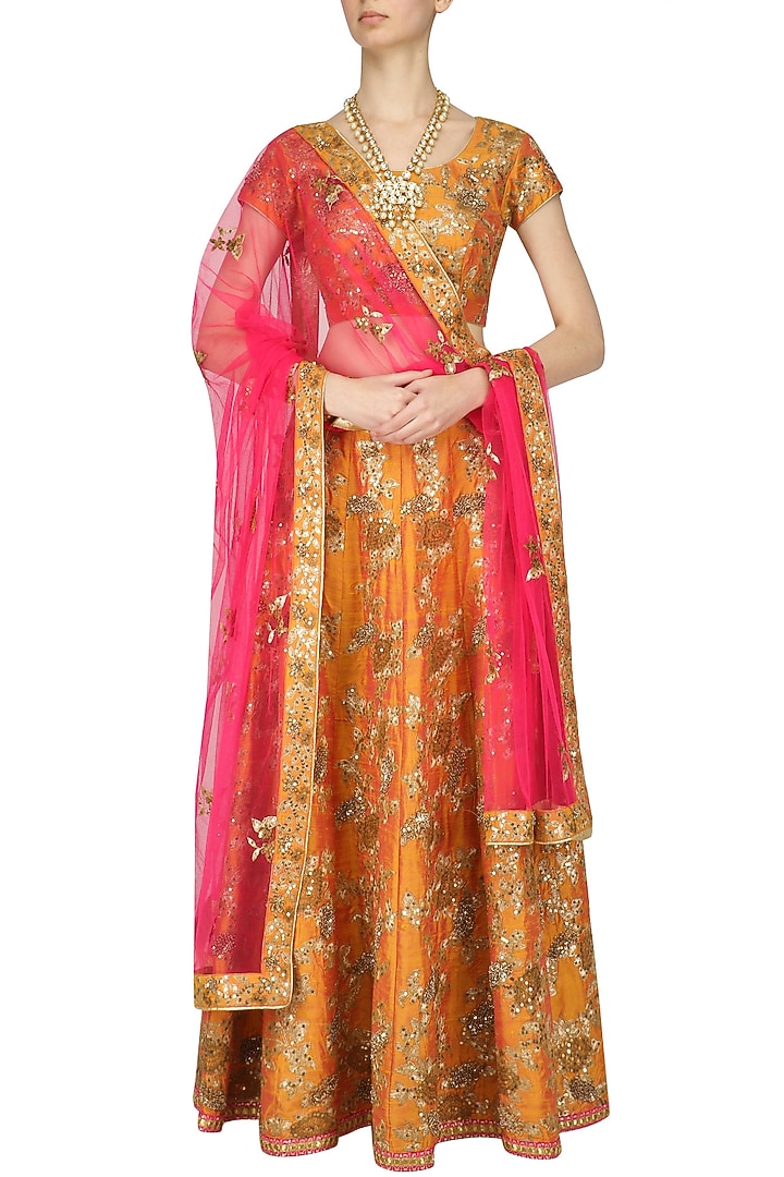 Orange and gold embroidered kalidaar legenga set available only at Pernia's Pop Up Shop.