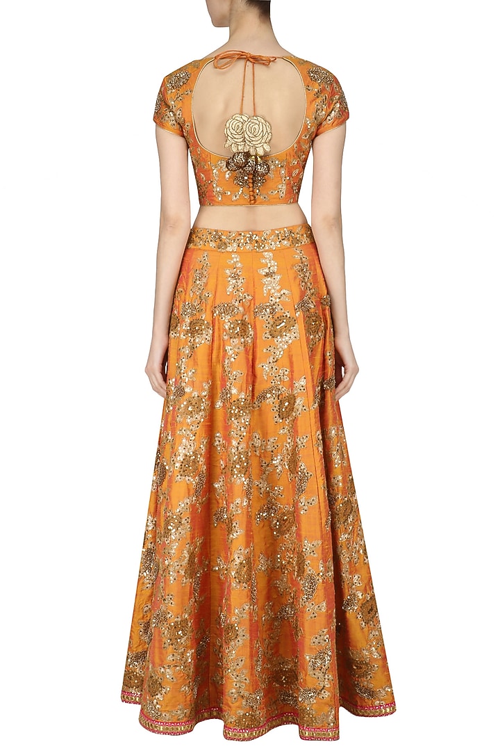 Orange and gold embroidered kalidaar legenga set available only at Pernia's Pop Up Shop.