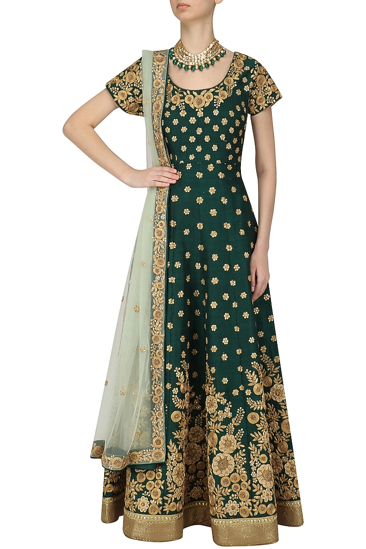 Bottle green and gold floral work anarkali set available only at Pernia's Pop Up Shop.