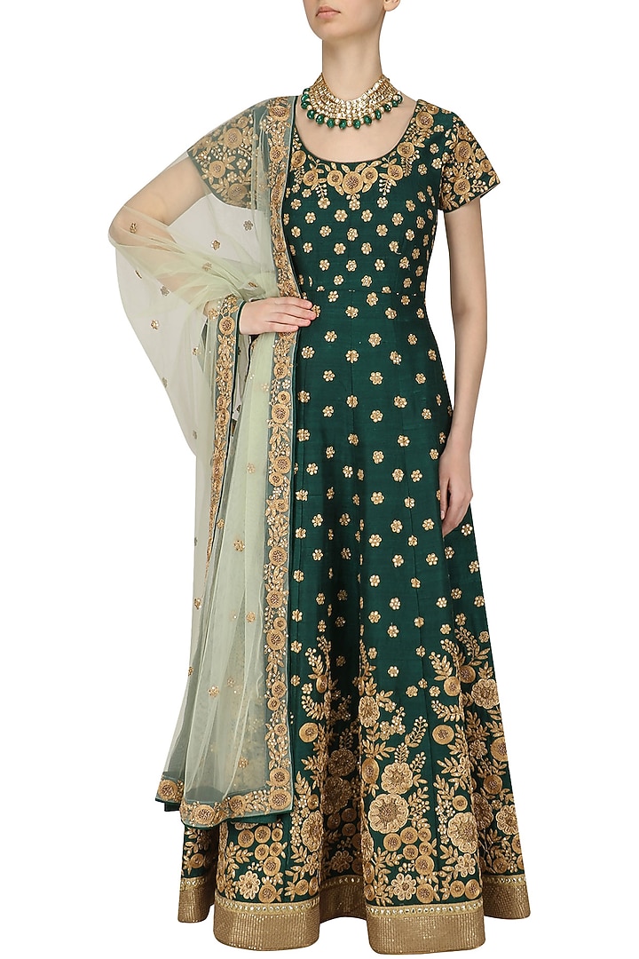 Bottle green and gold floral work anarkali set available only at Pernia's Pop Up Shop.
