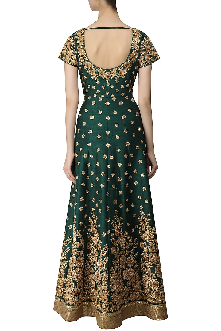 Bottle green and gold floral work anarkali set available only at Pernia's Pop Up Shop.