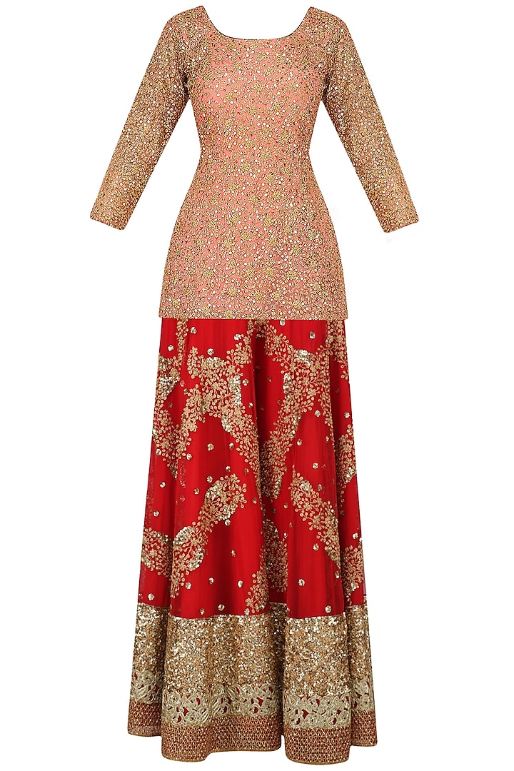 Salmon Pink Sequinned Kurta with Red Sharara Pants by Kylee