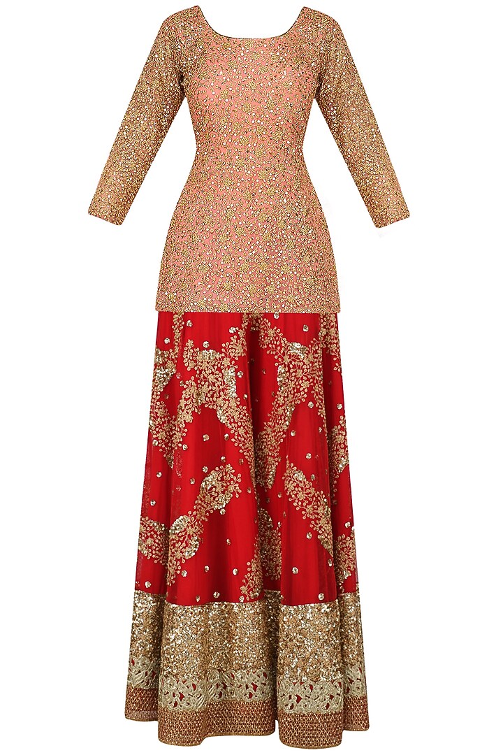 Salmon pink sequinned kurta with red sharara pants available only at