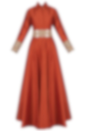 Red Floral Waistband Collared Gown by Kylee