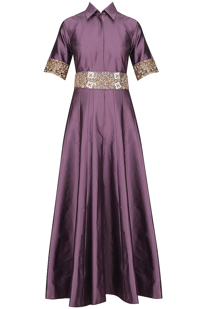 Mauve Floral Waistband Collared Gown by Kylee