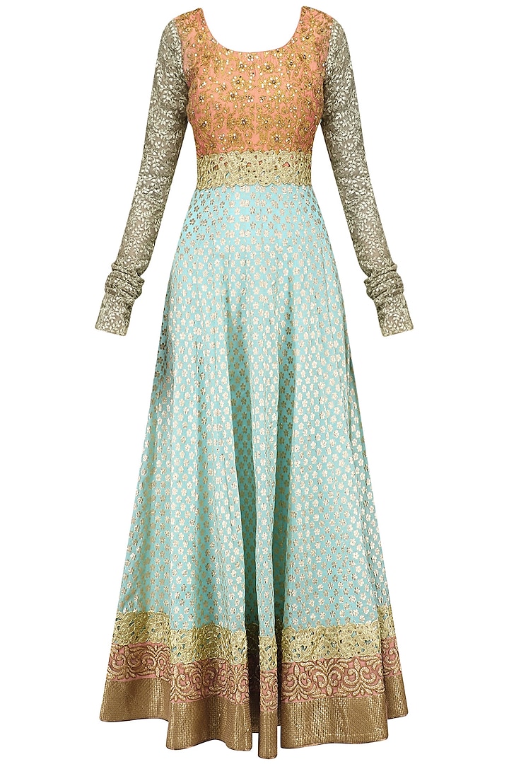 Mint Blue and Peach Embroidered Anarkali Set by Kylee